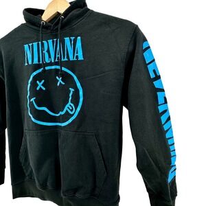 Nirvana Nevermind Smiley Face Graphic Hoodie Mens Medium Black Blue Rock Grunge‎
